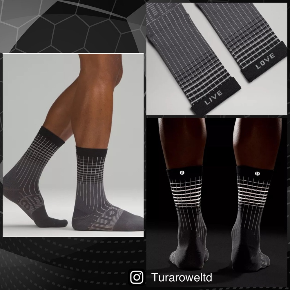 Lululemon Men's Power Stride Crew Socks Reflective Size‎ Medium NWT Black Grey ✨
